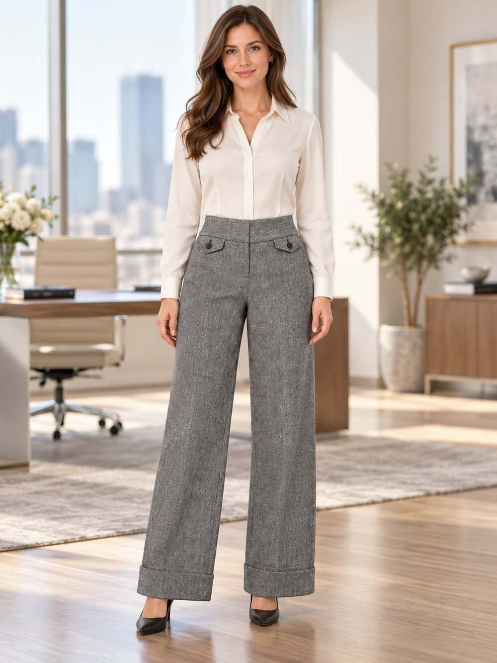 Ann Taylor LOFT Marisa Brown Herringbone Tweed Wide Leg Pants Gold Fleck 10